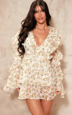 Cream Floral Chiffon Long Sleeve Frill Mini Dress