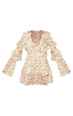 Cream Floral Chiffon Long Sleeve Frill Mini Dress