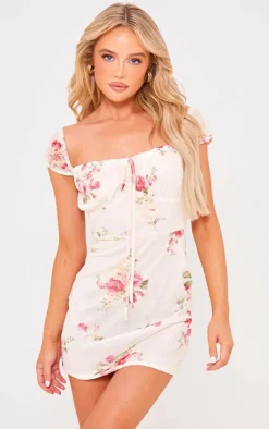 Cream Floral Mesh Cap Sleeve Mini Dress