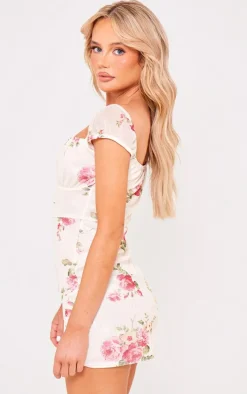 Cream Floral Mesh Cap Sleeve Mini Dress