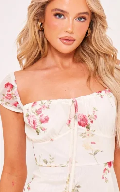 Cream Floral Mesh Cap Sleeve Mini Dress