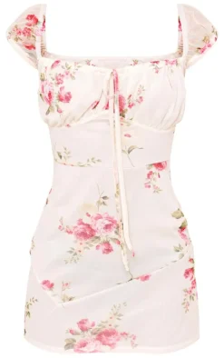 Cream Floral Mesh Cap Sleeve Mini Dress