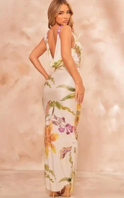 Cream Floral Print Plisse Cowl Plunge Maxi Dress
