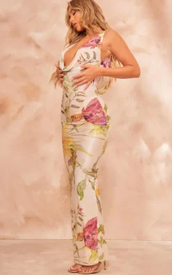 Cream Floral Print Plisse Cowl Plunge Maxi Dress