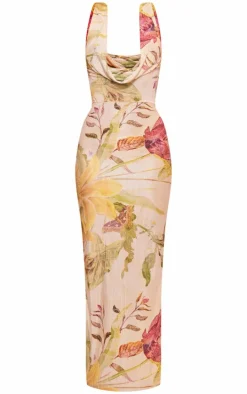 Cream Floral Print Plisse Cowl Plunge Maxi Dress