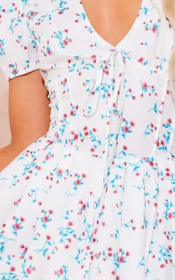 Cream Floral Short Sleeve Tie Pleated Shift Dress