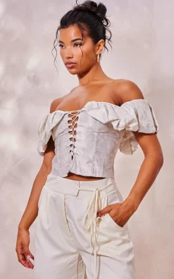 Cream Floral Structured Satin Extreme Ruched Lace Up Boned Corset