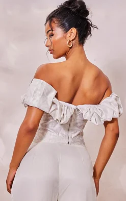 Cream Floral Structured Satin Extreme Ruched Lace Up Boned Corset