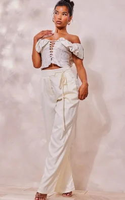 Cream Floral Structured Satin Extreme Ruched Lace Up Boned Corset