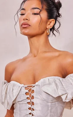 Cream Floral Structured Satin Extreme Ruched Lace Up Boned Corset