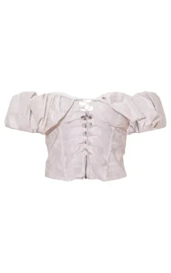 Cream Floral Structured Satin Extreme Ruched Lace Up Boned Corset