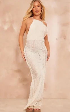 Cream Flower Back Textured Maxi Dress