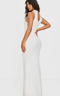 Cream Fluffy Boucle Knit Racer Maxi Dress