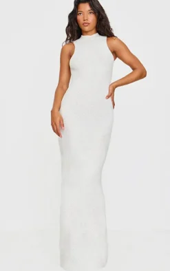 Cream Fluffy Boucle Knit Racer Maxi Dress