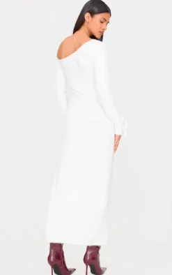 Cream Fluffy One Shoulder Maxi Dress