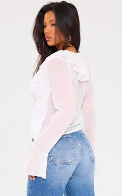 Cream Frill Plunge Long Sleeve Frill Cuff Blouse