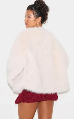 Cream Glitter Faux Fur Coat
