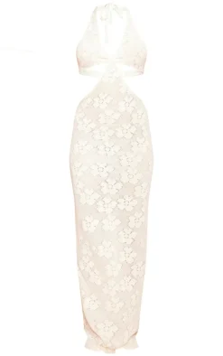 Cream Halterneck Floral Cut Out Maxi Dress