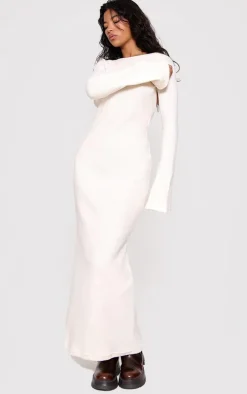 Cream Heavy Brushed Rib Tie Back Maxi Dress