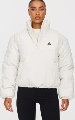 Cream High Neck Cropped Puffer Jacket