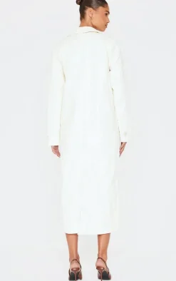 Cream High Shine Textured Faux Leather Maxi Coat