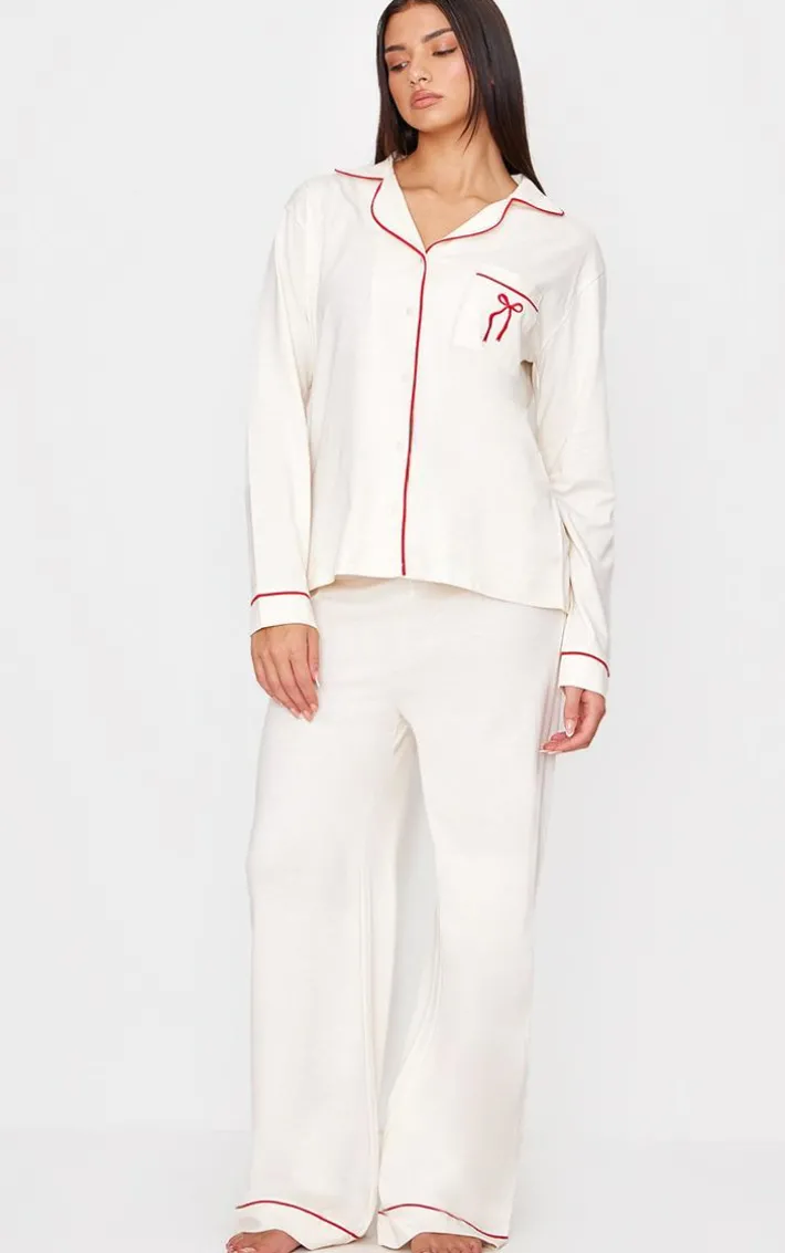 Cream Jersey Piping Embroidered Bow Long PJ Set