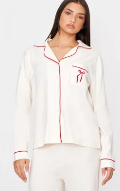 Cream Jersey Piping Embroidered Bow Long PJ Set