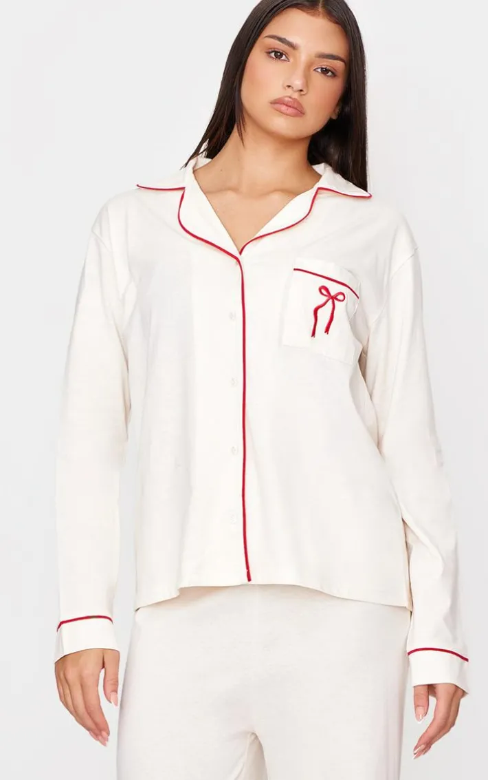 Cream Jersey Piping Embroidered Bow Long PJ Set