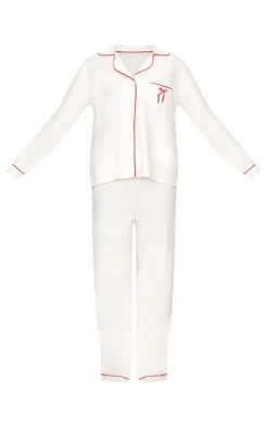Cream Jersey Piping Embroidered Bow Long PJ Set