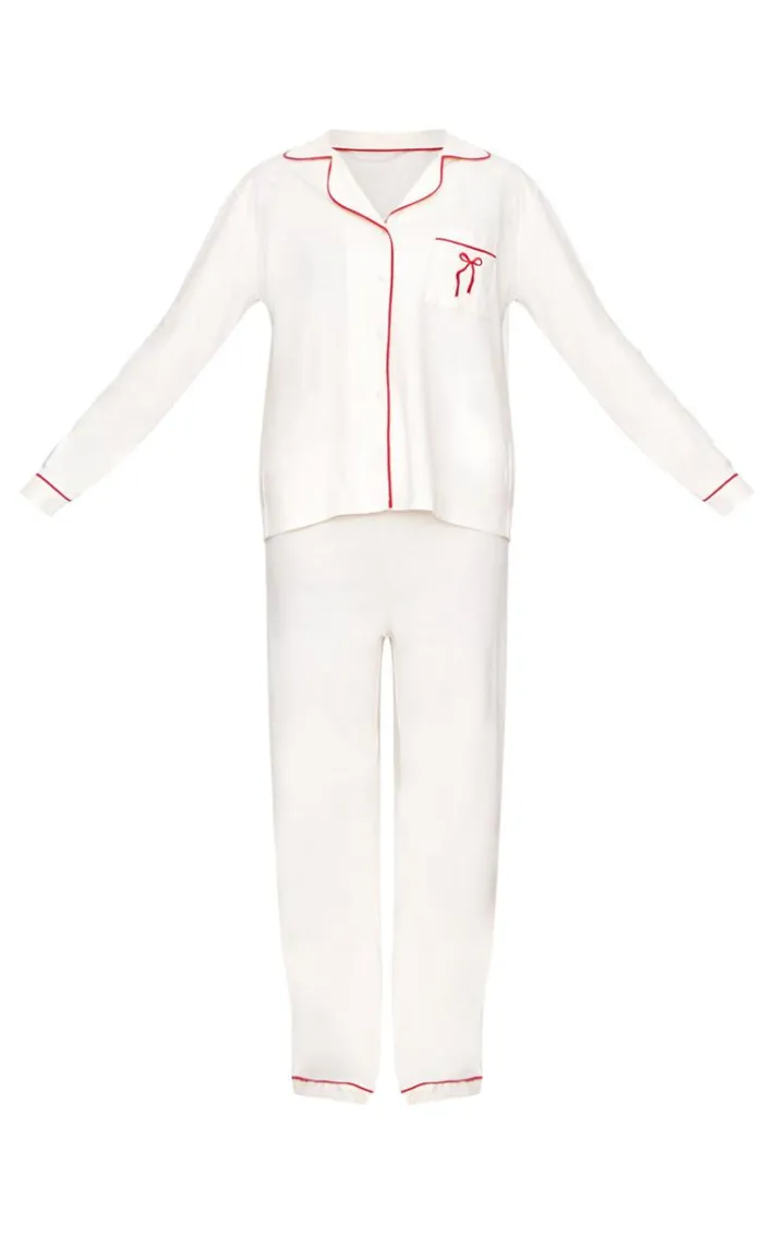 Cream Jersey Piping Embroidered Bow Long PJ Set
