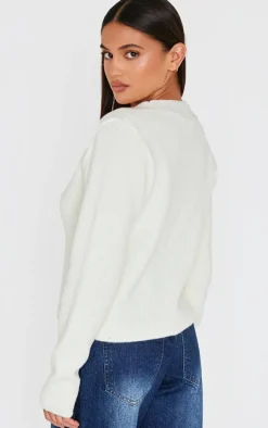 Cream Knit Asymmetric Button Cardigan