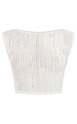 Cream Knit Look Textured Jersey Open Back Crop Top