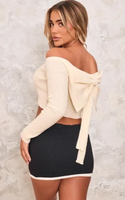 Cream Knitted Bow Back Bardot Top