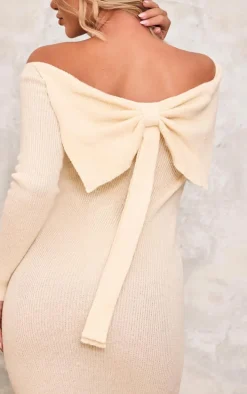 Cream Knitted Bow Back Bardot Maxi Dress