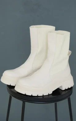 Cream Knitted Panel Wave Sole Chunky Calf High Ankle Boots