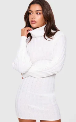 Cream Knitted Roll Neck Sweater Dress