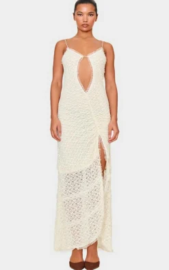 Cream Lace Mesh Cut Out Maxi Dress