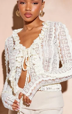 Cream Lace Ruffle Detail Tie Blouse