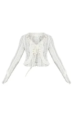 Cream Lace Ruffle Detail Tie Blouse