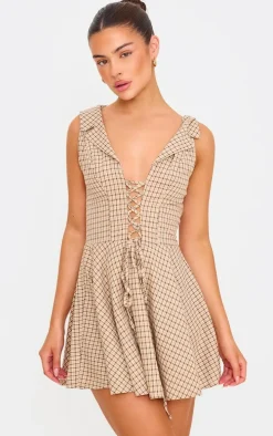 Cream Lace Up Check Shift Dress