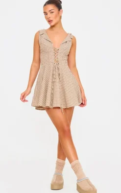 Cream Lace Up Check Shift Dress