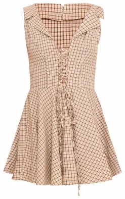 Cream Lace Up Check Shift Dress