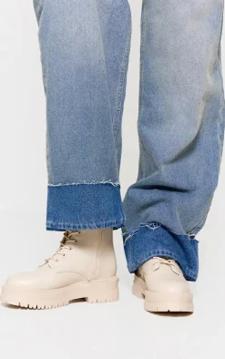 Cream Lace Up Chunky Boots