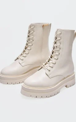 Cream Lace Up Chunky Boots
