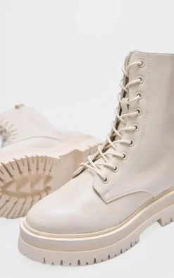 Cream Lace Up Chunky Boots