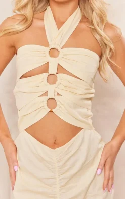 Cream Linen Look Cut Out Multi Ring Detail Halter Bodycon Dress