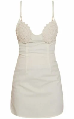 Cream Linen Look Embroidered Cup Bodycon Dress
