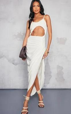 Cream Linen Look Extreme Cut Out Ruched Strappy Midaxi Dress