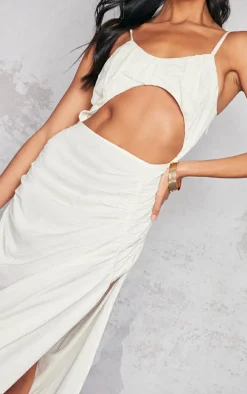 Cream Linen Look Extreme Cut Out Ruched Strappy Midaxi Dress
