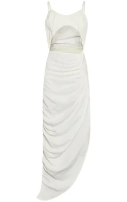 Cream Linen Look Extreme Cut Out Ruched Strappy Midaxi Dress